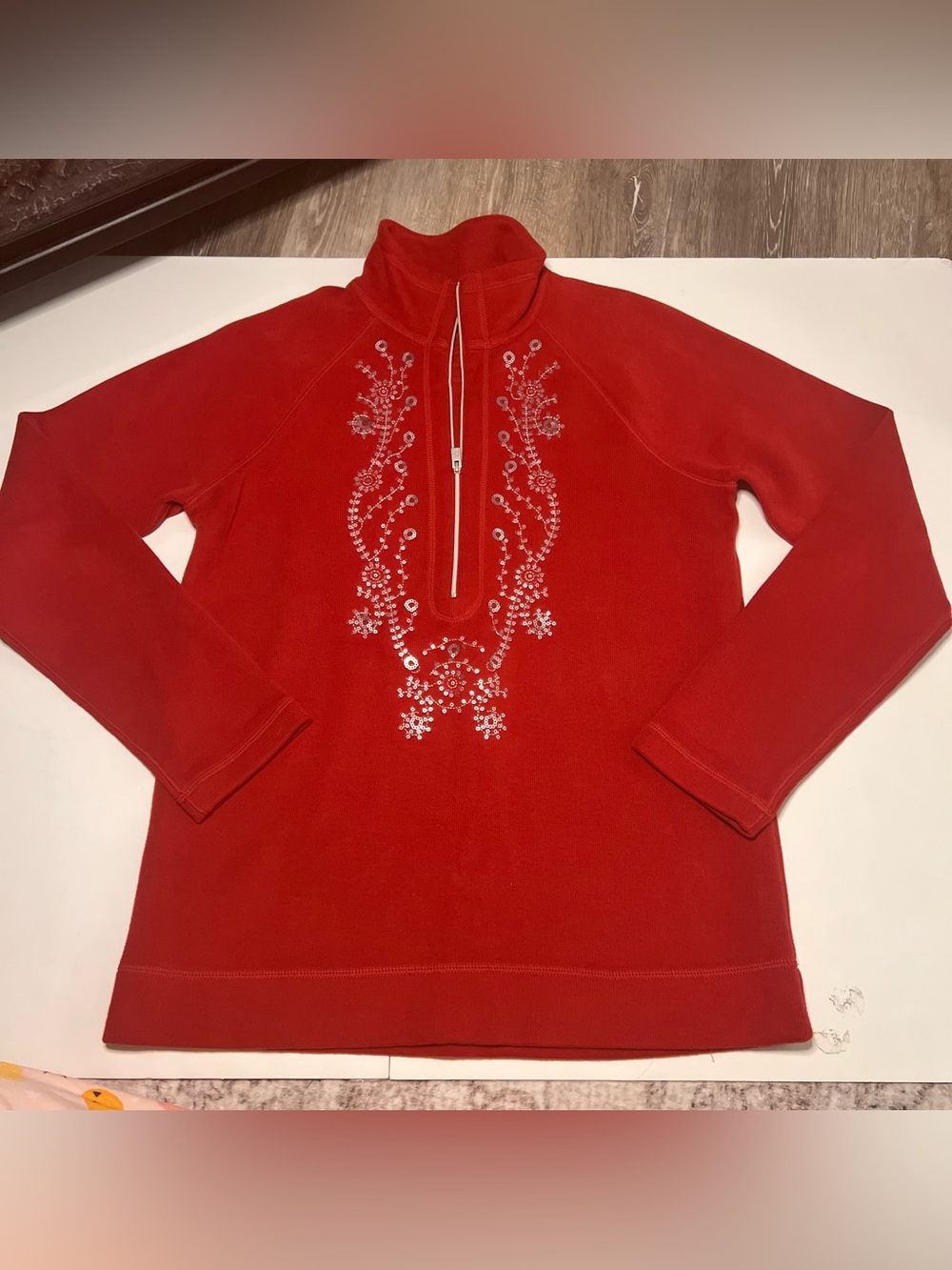 Tommy Bahama Red Quarter-Zip Fleece Sweater with Silver Sequin Embellishment